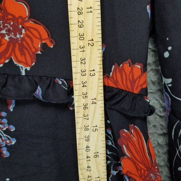 Madewell Dress Womens 0 Navy Blue Floral 100% Silk Ruffle Waist V Neck - Picture 8 of 15